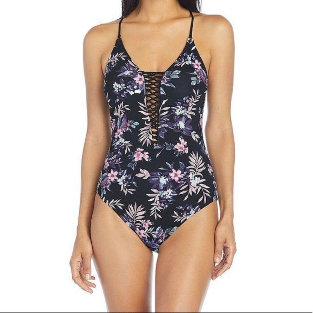 AMBRIELLE Curve Floral One Piece Swimsuit Cut Out Back Modest Built Padded Bra